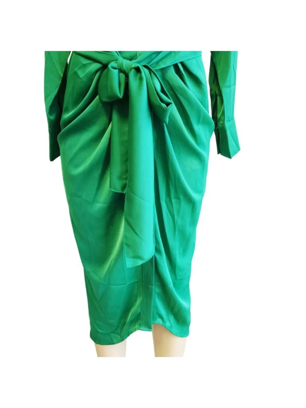 BTBFM Womens Satin Green Button-Down Tie-Waist Long-Sleeve Midi Shirt Dress S - Picture 4 of 8